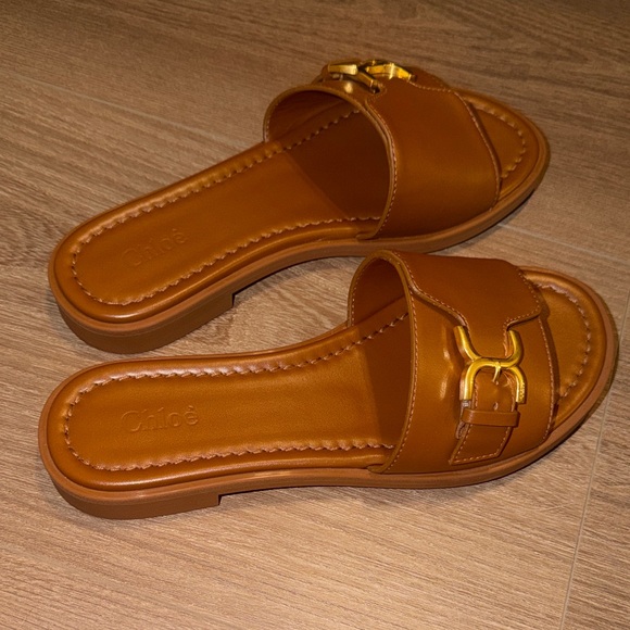 Chloe Tan Leather Slide Sandals - Picture 2 of 6
